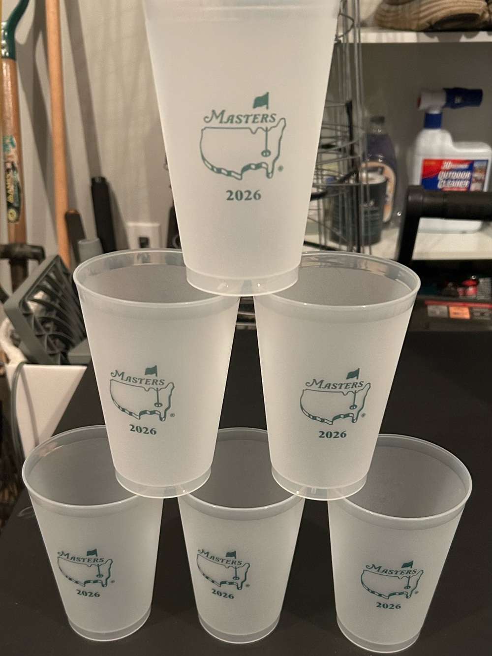 Masters Frosted White Plastic Cups with Green Logo - 2026 set of 6